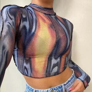 NWT Sheer Abstract Print Long-Sleeve Crop Top - Multicolor